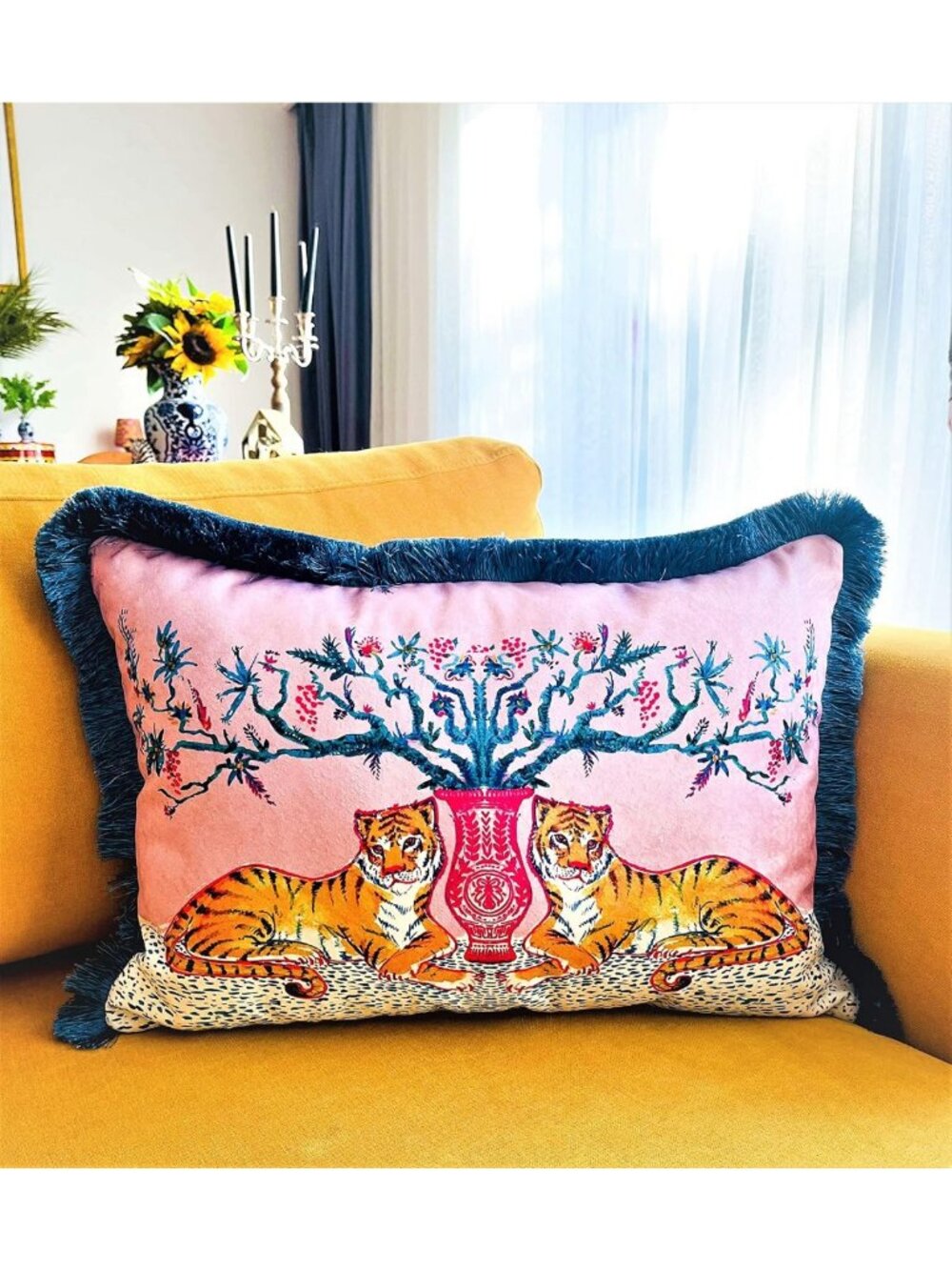 Pink Velvet Tiger Print Throw Pillow Cover with Petrol Blue Tassels - Unique